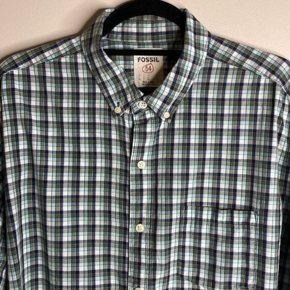 Fossil 54 Size L Aqua Charcoal White Plaid Lightweight Casual Button Down - Picture 5 of 7